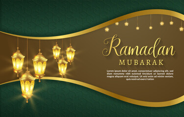 ramadan mubarak template banner with beautiful illustration shiny light luxury islamic ornament and abstract green and golden background design