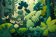 A stylized representation of the lush growth of spring, with bold, textured leaves and stems in shades of green, AI generated illustration