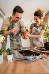 Wall Mural - Couple caucasian man and woman wife and husband planting flowers together taking care of home plants real people domestic life family gardening concept copy space