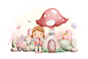 Watercolor Illustration. Spring Girl in the garden