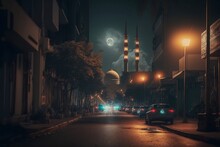 Night View Of The Street With Mosque In Istanbul, Turkey. Beautiful Night Cityscape.
