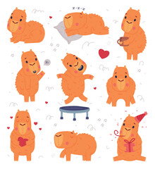 Poster - Cute baby capybara characters set. Funny animal of South America lying, sleeping, jumping on trampoline and celebrating holidays cartoon vector illustration