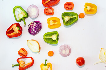 Wall Mural - Photo a lot of slice colorful fruit and vegetable on white background