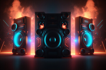 Music speaker or subwoofer in studio background with smoke and neon glow, night club or dance festival, advertisement style.