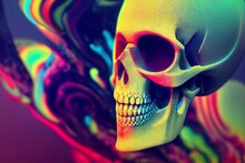 Digital Illustration From 3d Rendering Of Pixel Stretched Glitch Deformed Screaming Skull In Synthwave Psychedelic Vibrant Colors Style. Generative AI