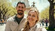 © Get Stock - A Happy and Joyful Caucasian Couple in Public Squares and Plazas in Beautiful, Romantic and Cheerful Spring: A Celebration of Happiness, Nature's Beauty, and Love (generative AI