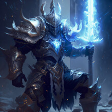 A Knight Wearing Full Armor With A Magic Sword Of Blue Fire Surrounded By Ice And Frost Generative Ai