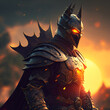 a medieval style superhero with full knight armor and helmet in the sunset Generative Ai