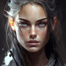 Fantasy Style Portrait Illustration Of A Beautiful Woman Elf Character With White Hair And Blue Eyes Generative Ai