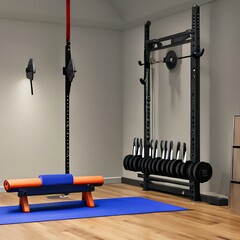 a home gym with a weight bench, free weights, and a yoga mat2, Generative AI