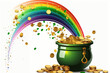 Generative AI cartoon of the pot of gold coins at the end of the rainbow concept for Happy Saint Paddy's Day, Colourful End of the Rainbow, Golden Celebration Time