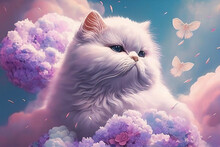 Creative Fantasy Concept. The Pink Forest Dream Of Cat Kitty Kitten, Floral Flowers, Butterflies And Cloud. Commercial, Editorial, Advertisement
