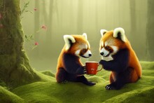 Two Happy Red Pandas Drinks Morning Steaming Hot Tea, In A Fresh Spring Forest, Tell Each Other Tall Tales. AI. Generative AI