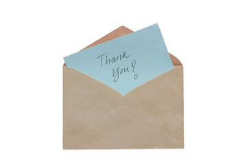 Thank you note inside a brown envelope. Isolated, transparent background.