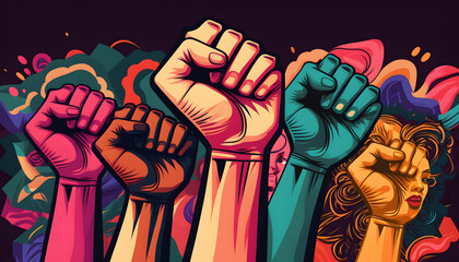 Wall Mural - Women fists revolution. Female protesters hands, american womans rights day, feminist banner strong girl fist hand power feminism symbol empowerment convention vector illustration