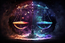 Libra Zodiac Sign Against Space Nebula Background. Astrology Calendar. Esoteric Horoscope And Fortune Telling Concept