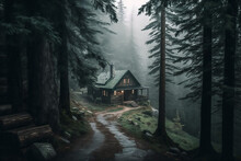 Beautiful Cabin In The Middle Of A Forest With Fog And Trees On The Mountainside And A Foggy Sky Above It, With A Path Leading To A Cabin In The Middle Of The Woods, Generative AI	