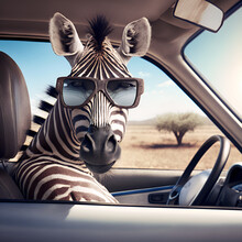 A Happy Zebra Seat Of A Car And Driving The Car