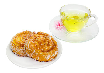 Cinnamon rolls with Chrysanthemum tea isolated