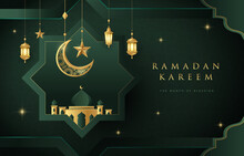 Ramadan Kareem Design On Green Islamic Background With Gold Ornament Star, Moon, Mosque And Lanterns. Suitable For Raya And Ramadan Template Concept