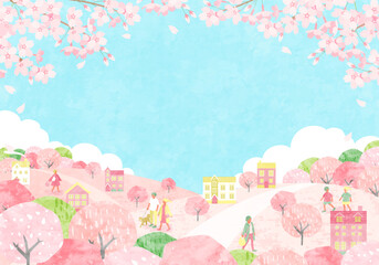 Wall Mural - 桜が咲く春の街並みと人々のベクターイラスト背景