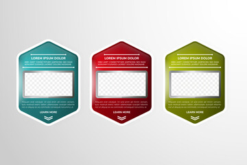 Wall Mural - vector dark infographic template made from hexagon with photo placeholders with text content - brigh