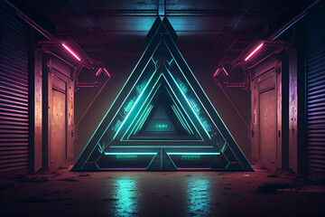 Wall Mural - Fluorescent Triangle Neon Laser Illuminated in Striking Shades of Purple, Green, and Blue, generative ai