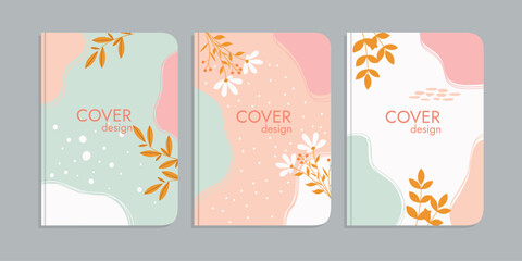 Wall Mural - set of book cover designs with hand drawn floral decorations. beautiful botanical abstract background .size A4 For notebook, planner, brochure, book, catalog