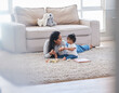 © T Mdlungu/peopleimages.com - Baby, mom and living room fun of a mother and kid with toys for knowledge development. Smile, happiness and parent care on a lounge rug in a home with mama love and bonding together with a child
