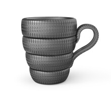 Car Tires Stack In Form Of Cup Coffee On A White Background. 3d Illustration