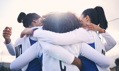 Canvas Print - Netball, sport huddle and women with teamwork and motivation before match. Outdoor, sports court and students ready for exercise, fitness and game strategy conversation in athlete group circle