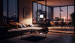© Rawf8 - Apartment interior. Modern design living room with furniture, night city lights out of glass windows. AI generative