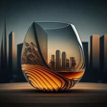 Single Glass Of Whiskey With Ice Reflecting City São Paulo New York Silhouette Background Fancy And Minimalist. GENERATIVE AI