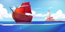 Sea Landscape With Lighthouse On Island And Ship With Red Sail. Cartoon Vector Background With House On Rocky Coast In Ocean, Wooden Caravel. Beacon Building On Harbor Seascape During Calm Weather