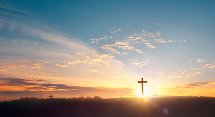 Wall Mural - cross of christ jesus on sunset background