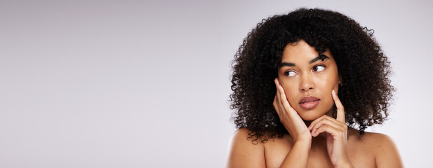 Sticker - Mockup, skincare and black woman thinking, cosmetics and dermatology against grey studio background. African American female, lady and makeup for salon luxury treatment, organic facial and beauty