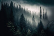 Misty landscape with fir forest in hipster vintage retro style, ai