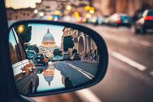 Car Rear Mirror With View Of Old European City. AI Generative