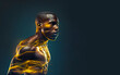 A Powerful and Determined Dark-skinned Athlete's Head and Shoulders in Profile, with Sleek Cyborg Tech Lines running Through his Body made with Generative AI