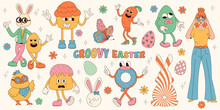 Groovy Hippie Happy Easter Set. Easter Bunny, Eggs, Butterflies, Cupcakes, Chickens. Set Of Cartoon Characters And Elements In Trendy Retro 60s 70s Cartoon Style.