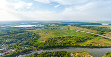 Ryazan, Russia. Northern Ring Road. The Trubezh River And The Oka River. Historical Natural Landscape Protected Meadow. Aerial View.