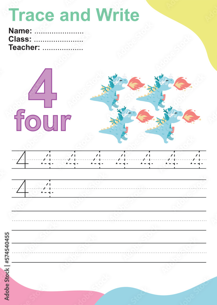 Number four tracing practice worksheet with four baby dragons eating ...