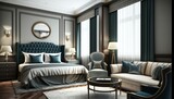 Fototapeta Panele - Hotel luxury suite, bedroom interior, double bed room, comfortable furnirture. Generative AI
