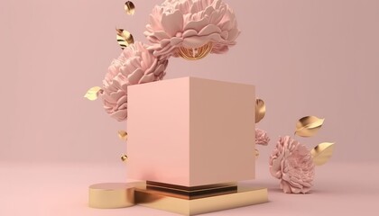 Wall Mural - Cosmetic Presentation Peony Blossoms on a Nature on a Feminine Display Pedestal. Generative AI