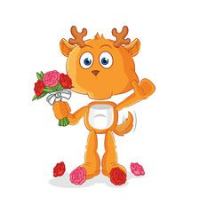 Sticker - fawn with bouquet mascot. cartoon vector