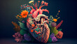 Human heart with flowers, love and emotion concept, good hearted person, help and charity. Generative AI.