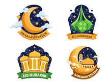 A Collection Of Label Designs For Ramadan Kareem Or Eid Mubarak Celebration, With Various Elements Such As A Crescent Moon, Ketupat (rice Cake), And Mosque. Perfect For Decorating Gifts, Card, Etc