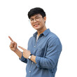 close up asian man smile during make hand gesturing (add content) on transparent background for business lifestyle and png design concept	