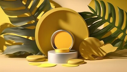 Wall Mural - Organic Sunshine: A Minimalistic Showcase for Natural Cosmetic Products on a Tropical Leaf Shadow Background. Generative AI