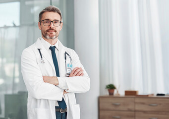 Canvas Print - Healthcare, leadership and portrait of doctor, man in hospital for support, success and help in medical work. Health, wellness and medicine, confident mature professional with stethoscope and mockup.